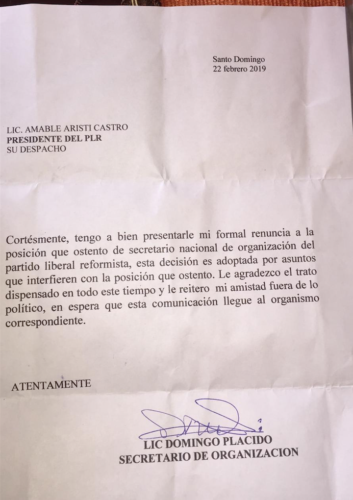 Domingo Plácido renuncia como secretario de Organización 